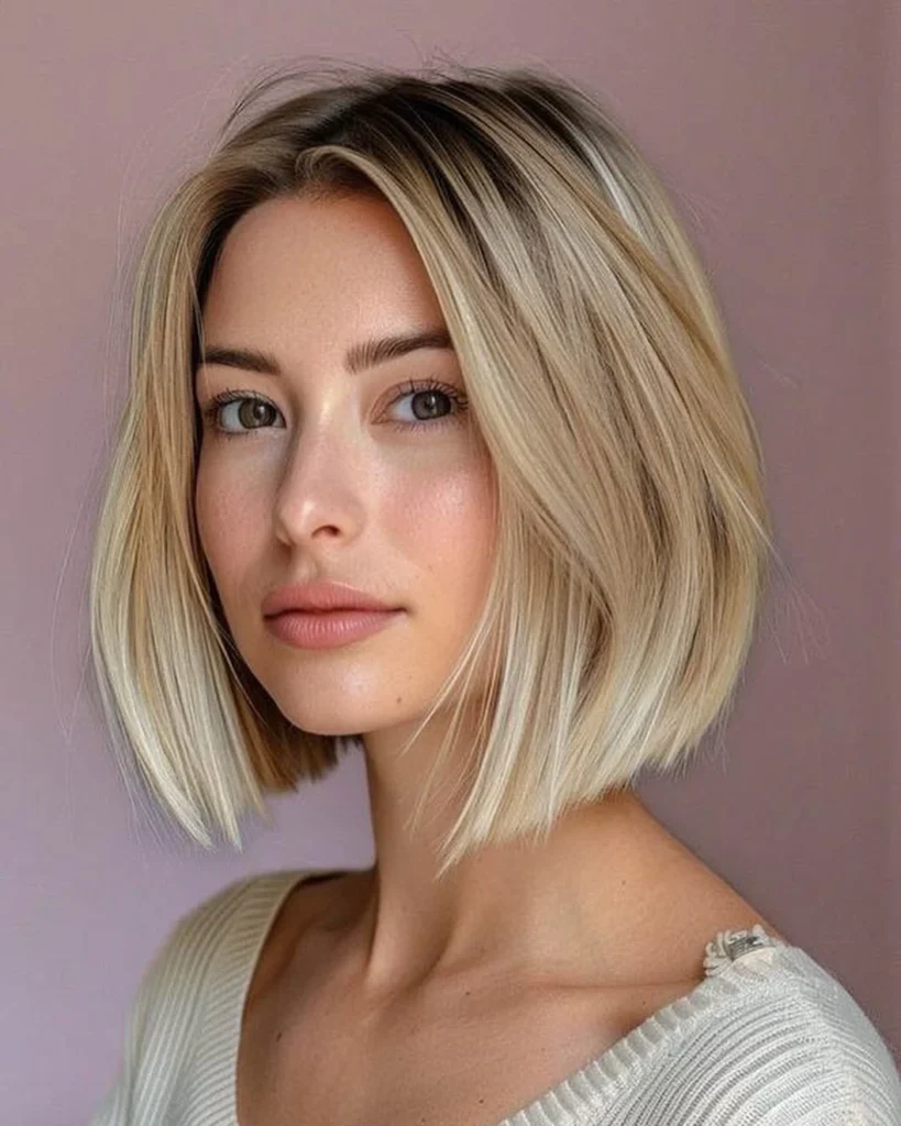 Natural Blonde Blunt Bob with Dark Root and Straight Relaxed Finish