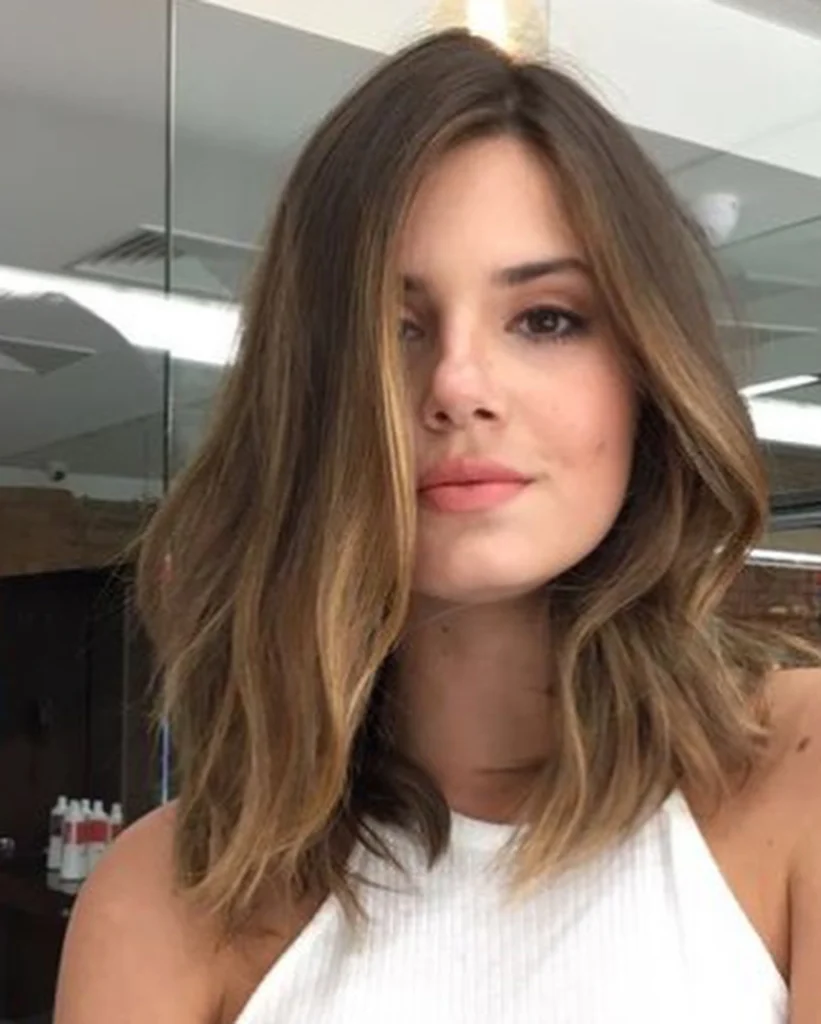 Natural Brunette Lob with Sun Kissed Highlights