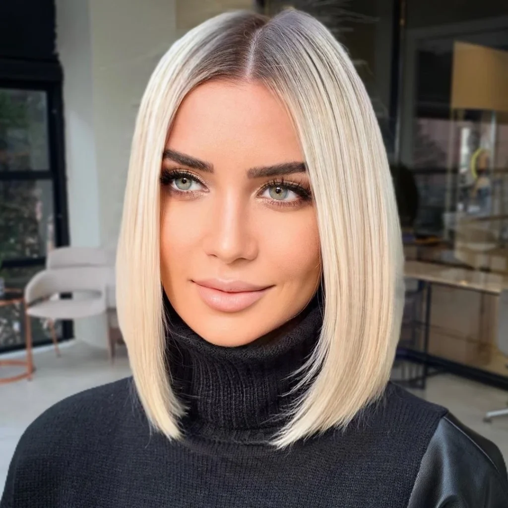 Platinum Blonde Blunt Lob with Dark Roots