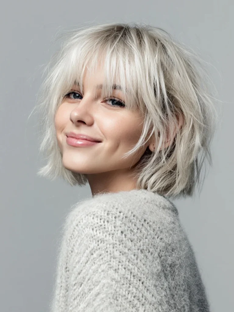 Platinum Blonde Shaggy Bob with Razored Layers and Wispy Bangs