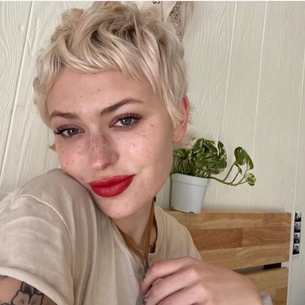  Platinum Blonde Textured Pixie with Curly Crown and Wispy Fringe