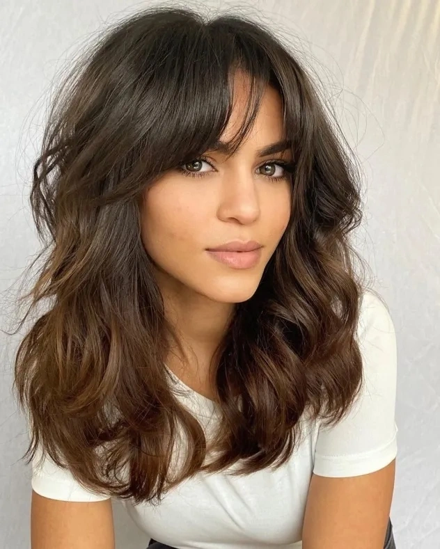 Rich Mocha Wavy Lob With Side Swept Curtain Bangs