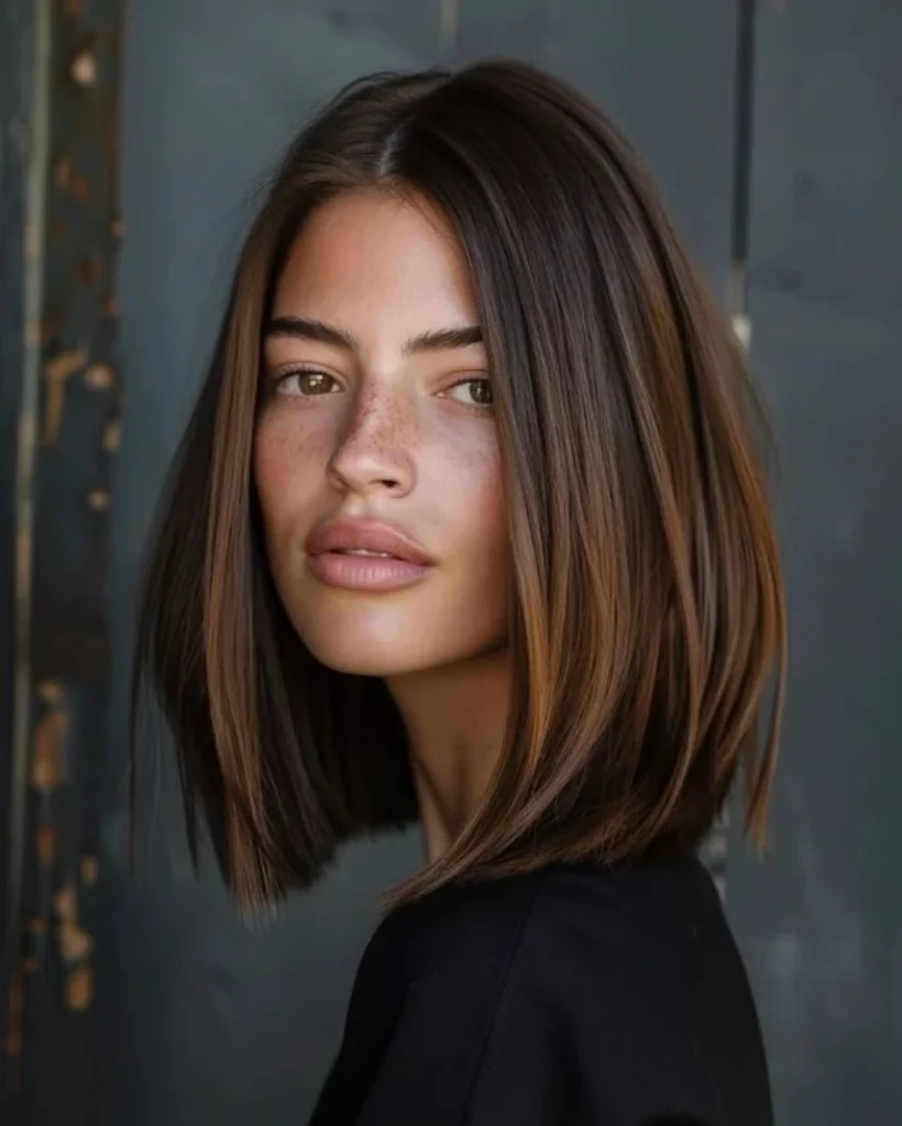 Sharp Dark Lob with Tobacco Brown Highlights