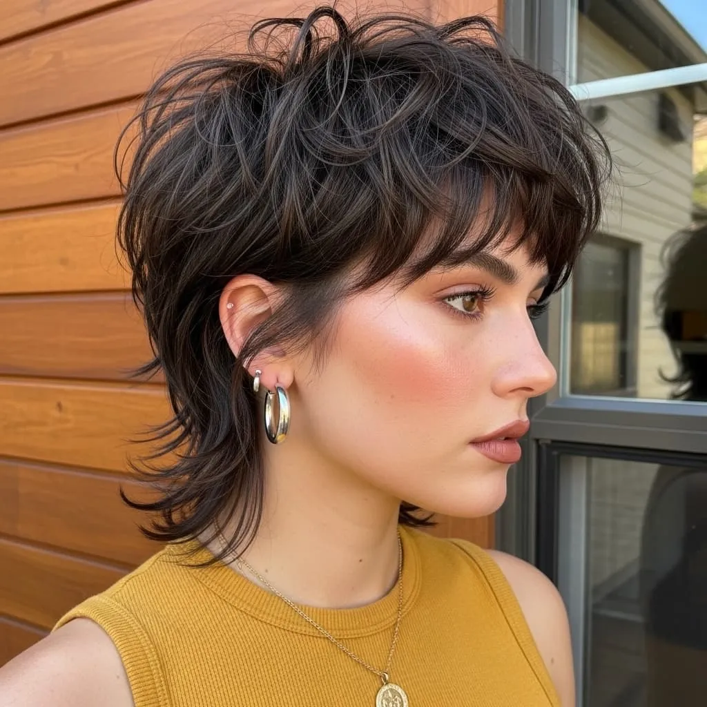 Short Dark Mullet Bob with Textured Crown and Wispy Fringe