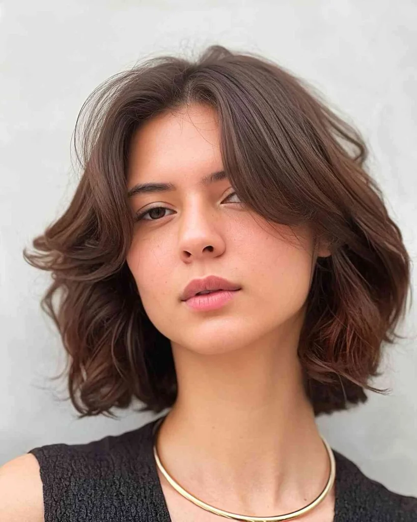 Short Wavy Bob with Voluminous Crown and Wispy Fringe
