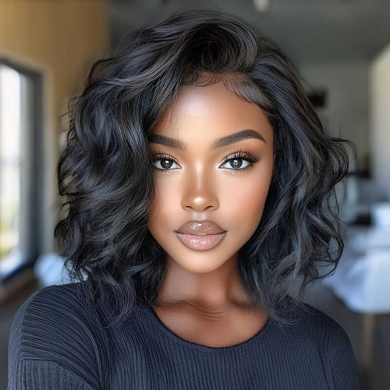 Side-Parted Wavy Bob with Full, Bouncy Curls on Dark Hair