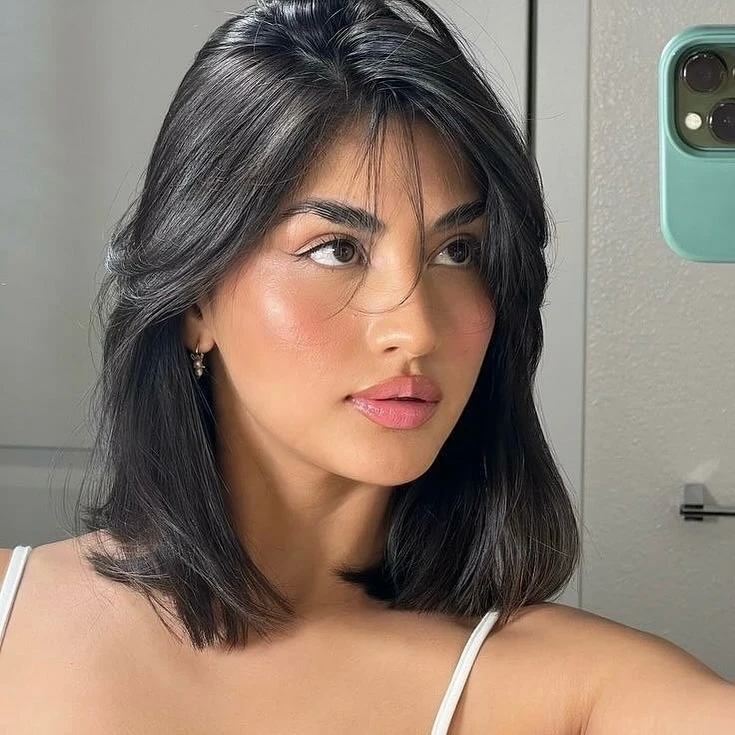Sleek Black Lob with Wispy Bangs