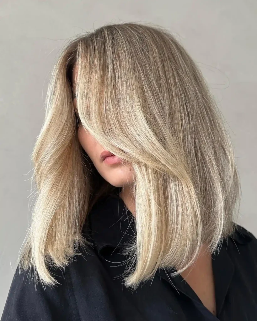 Sleek Blonde Lob with Shadow Root and Center Part
