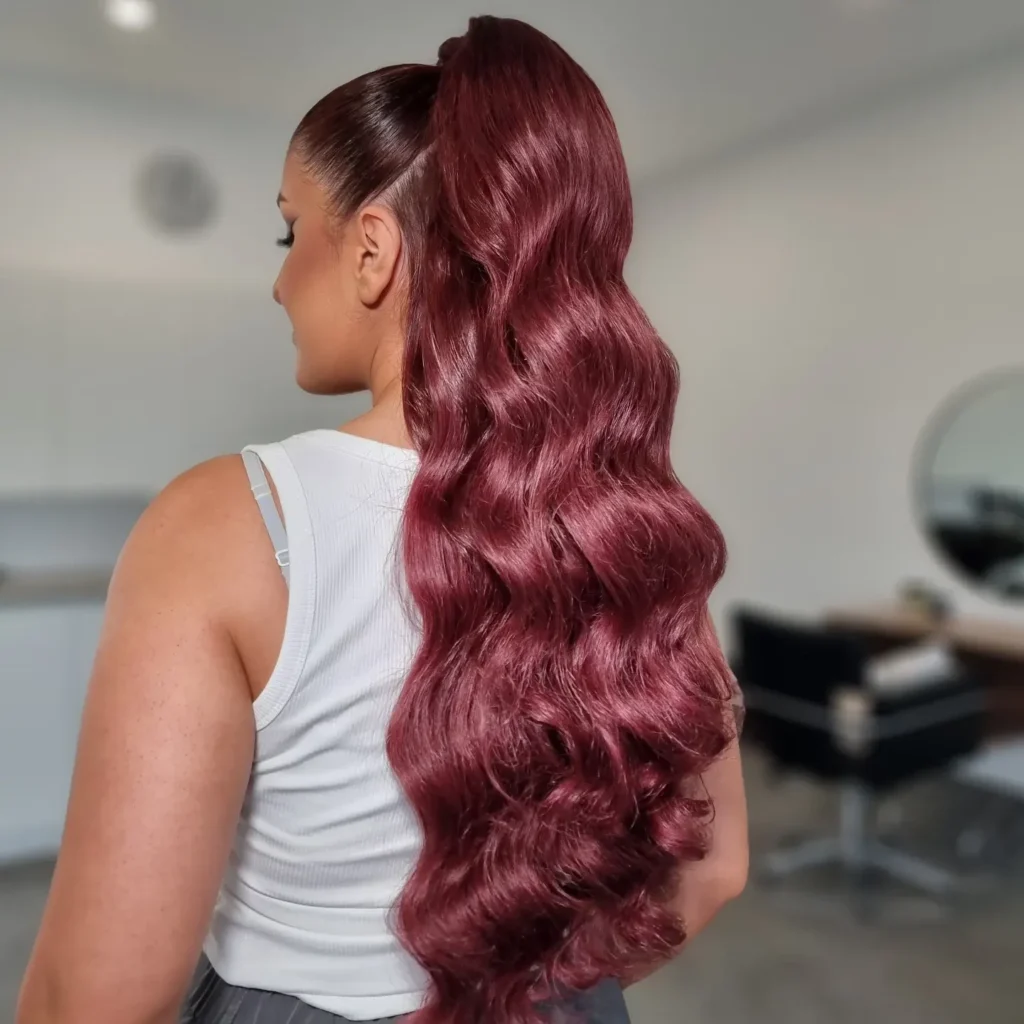 Sleek Burgundy Half Up Ponytail with Body Waves