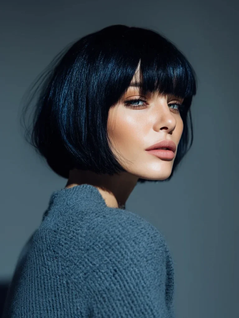 Sleek Midnight Blue Bob with Blunt Fringe and Curved Shape