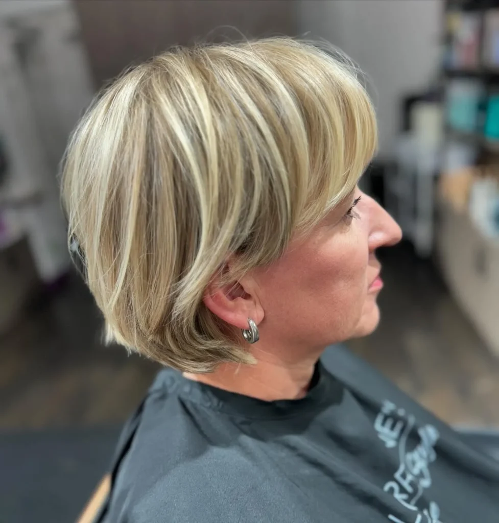Stacked Blonde Bob with Angled Layers and Feathered Fringe