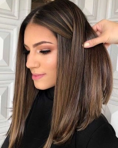 Straight Dark Lob with Warm Brunette Highlights