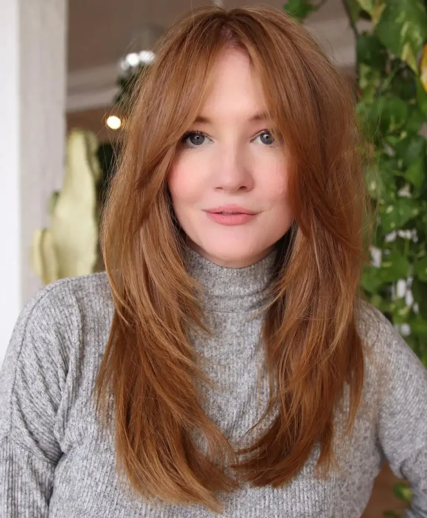 Tawny Auburn Straight Long Hair With Wispy Curtain Bangs