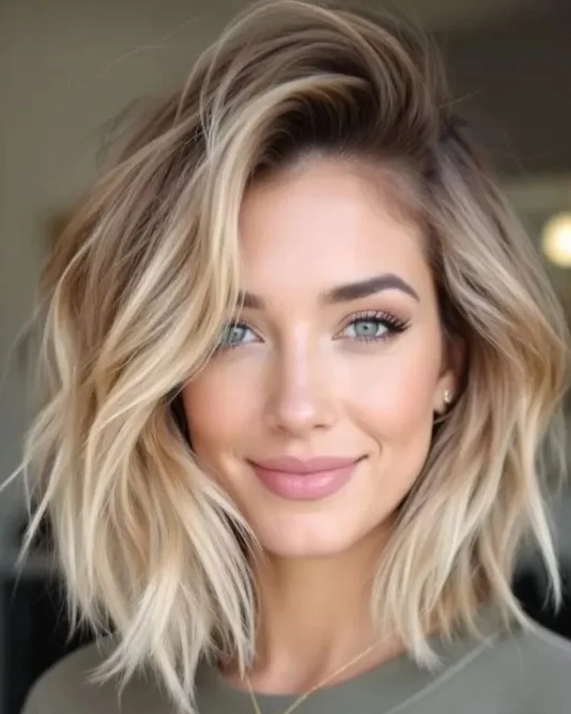 Tousled Blonde Balayage Bob with Root Lift