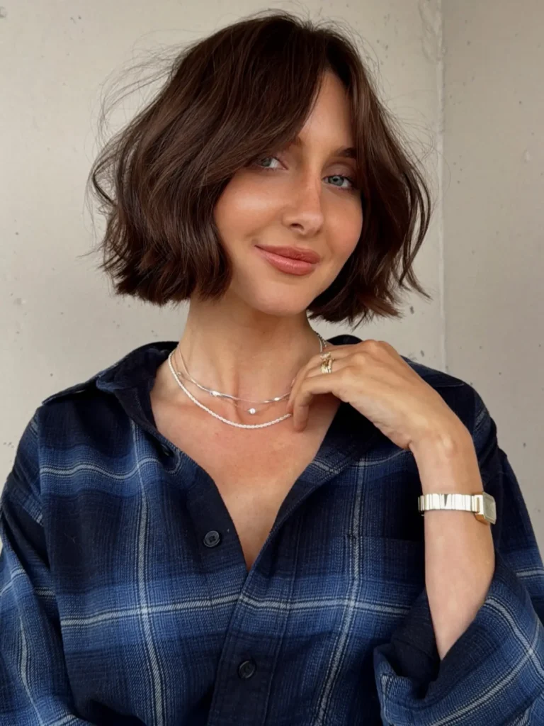 Tousled Dark Brown Bob with Soft Waves and Undone Crown