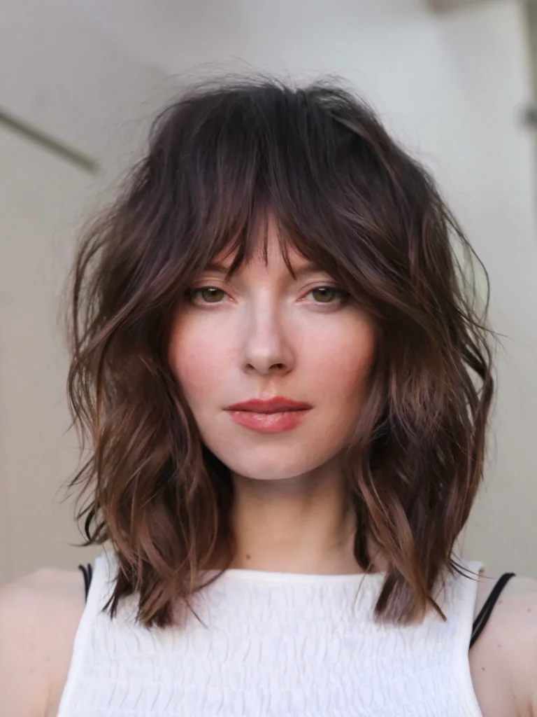 Tousled Dark Brunette Lob With Wispy Curtain Bangs