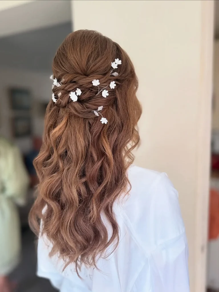 Twisted Half Up with White Floral Hair Vine