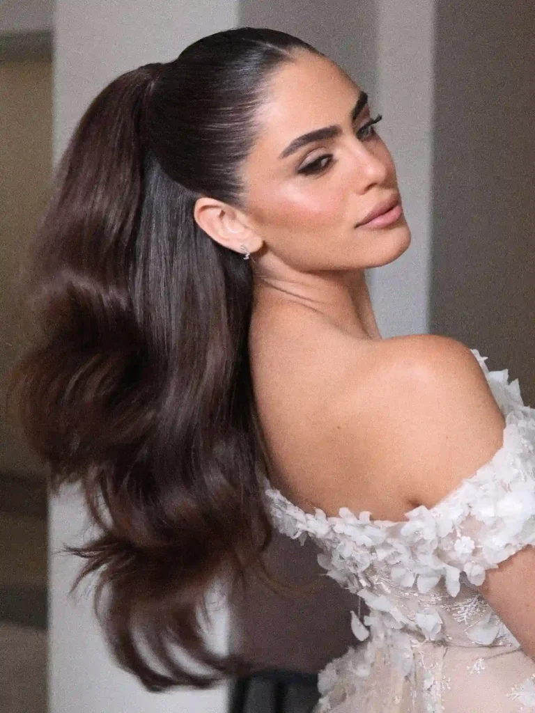  Ultra Sleek Bridal Half Up Ponytail with Sweeping Waves
