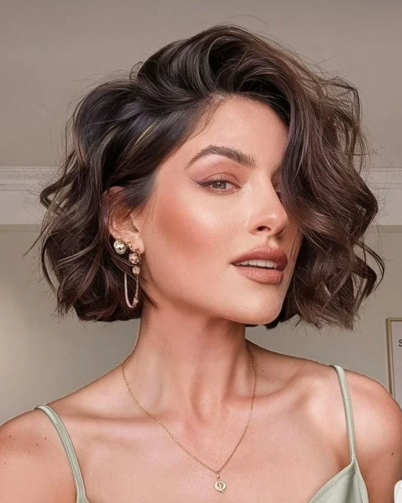 Voluminous Curly Bob with Side-Swept Crown