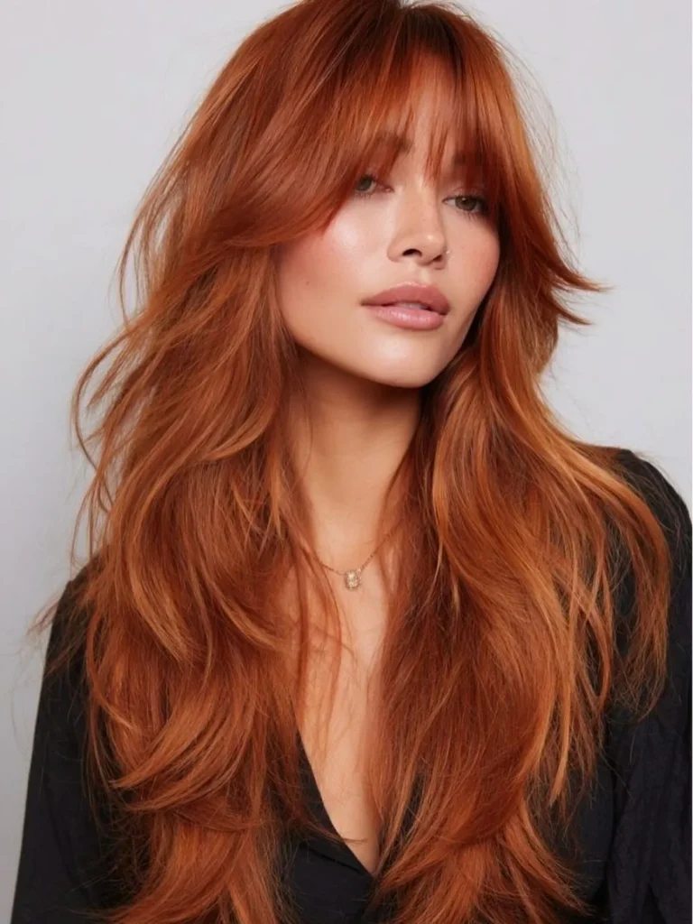 Warm Ginger Long Layers With Feathered Curtain Bangs