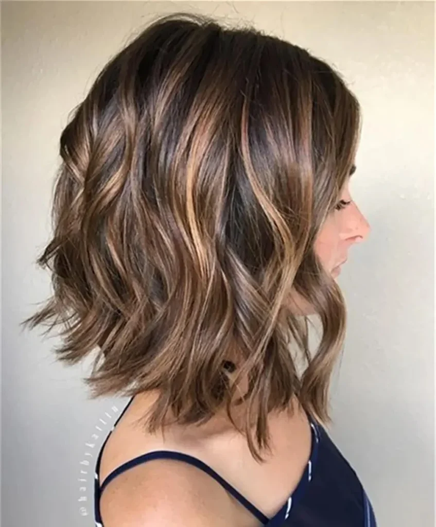 Wavy Dark Brown Lob with Caramel Ribbons