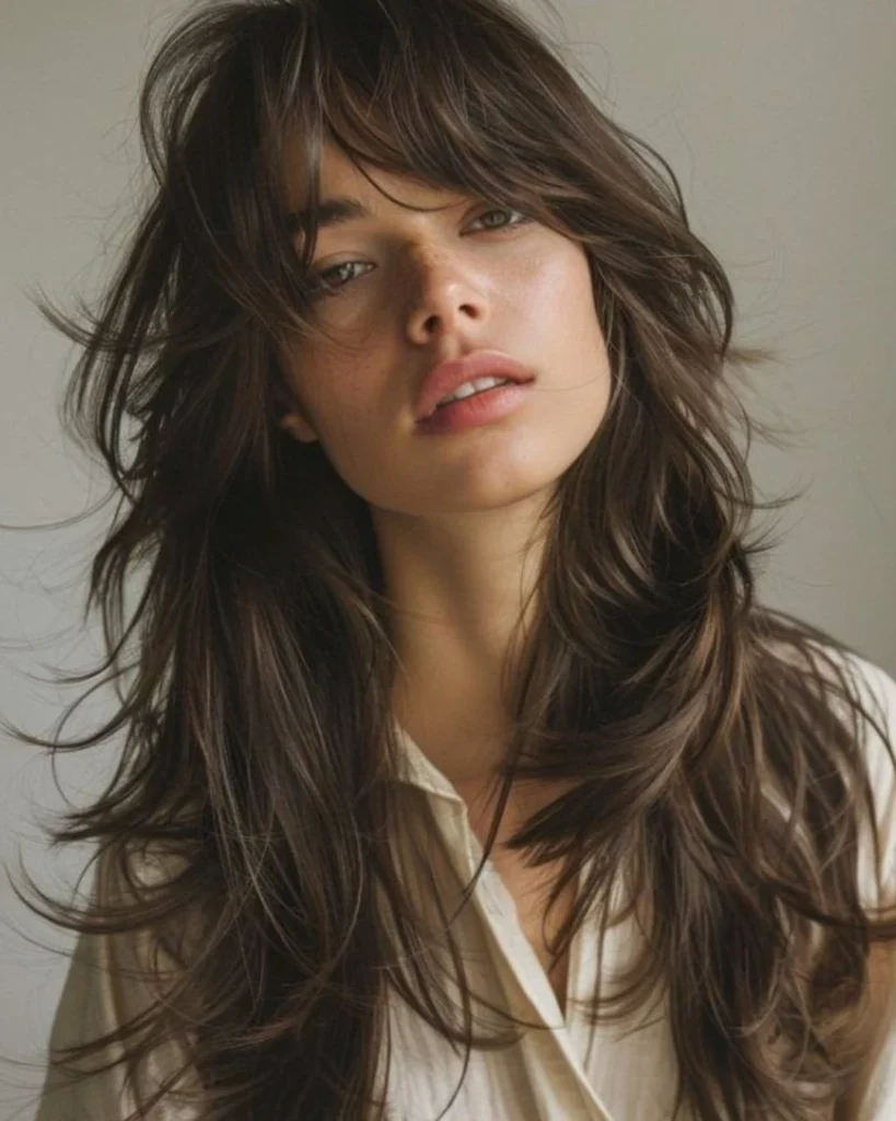 Windswept Dark Brown Shag With Curtain Bangs